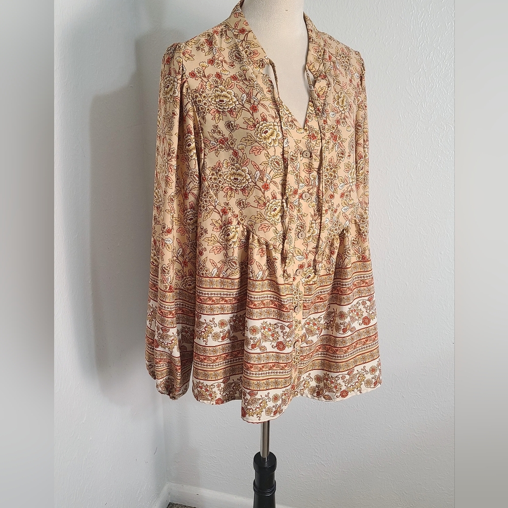Bohemian Floral Peasant Blouse - Cream & Rust - Picture 10 of 11